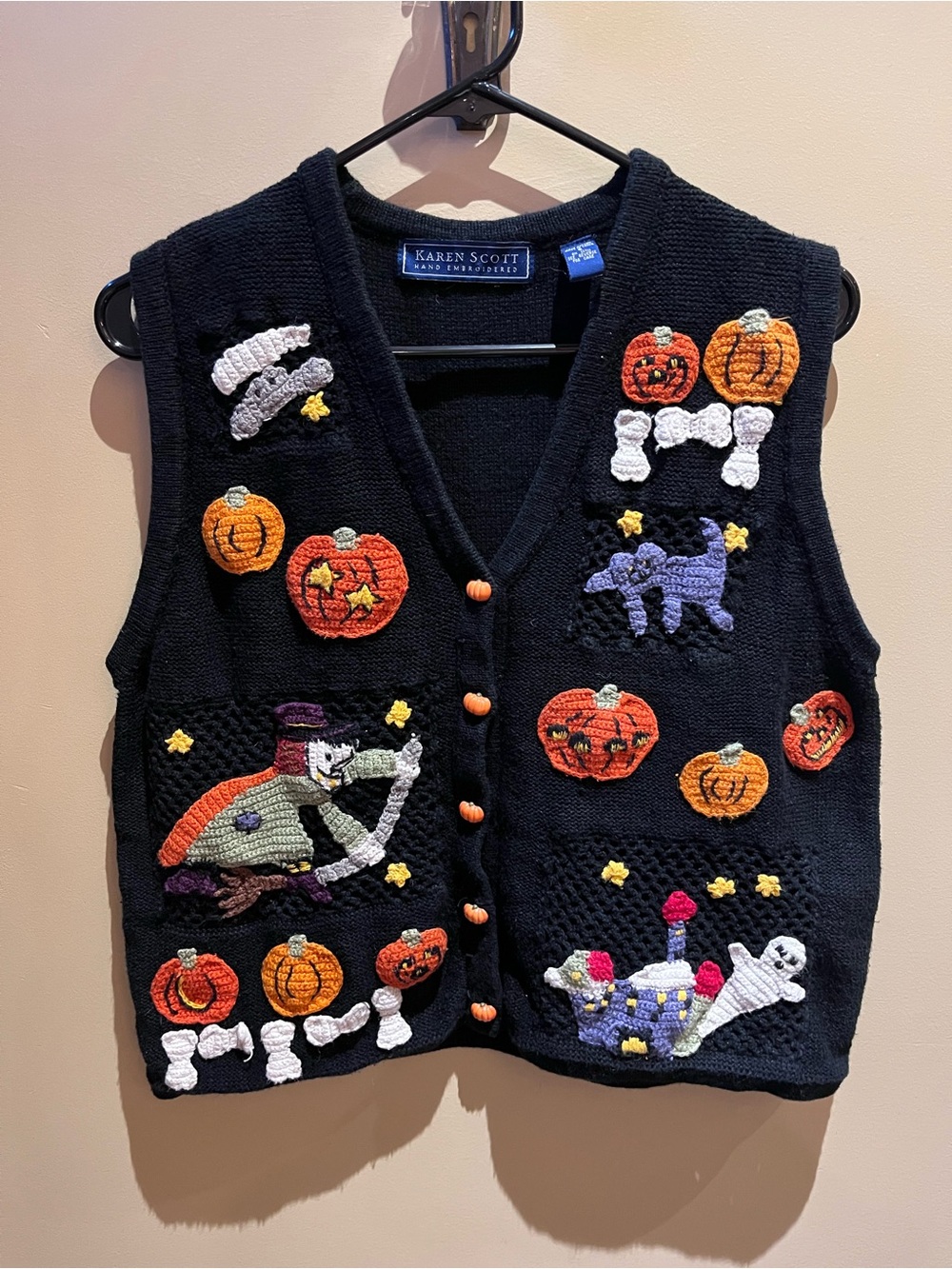 Vintage 90s Karen Scott Halloween 3D Pumpkin Witch Bones Sweater Vest Small
